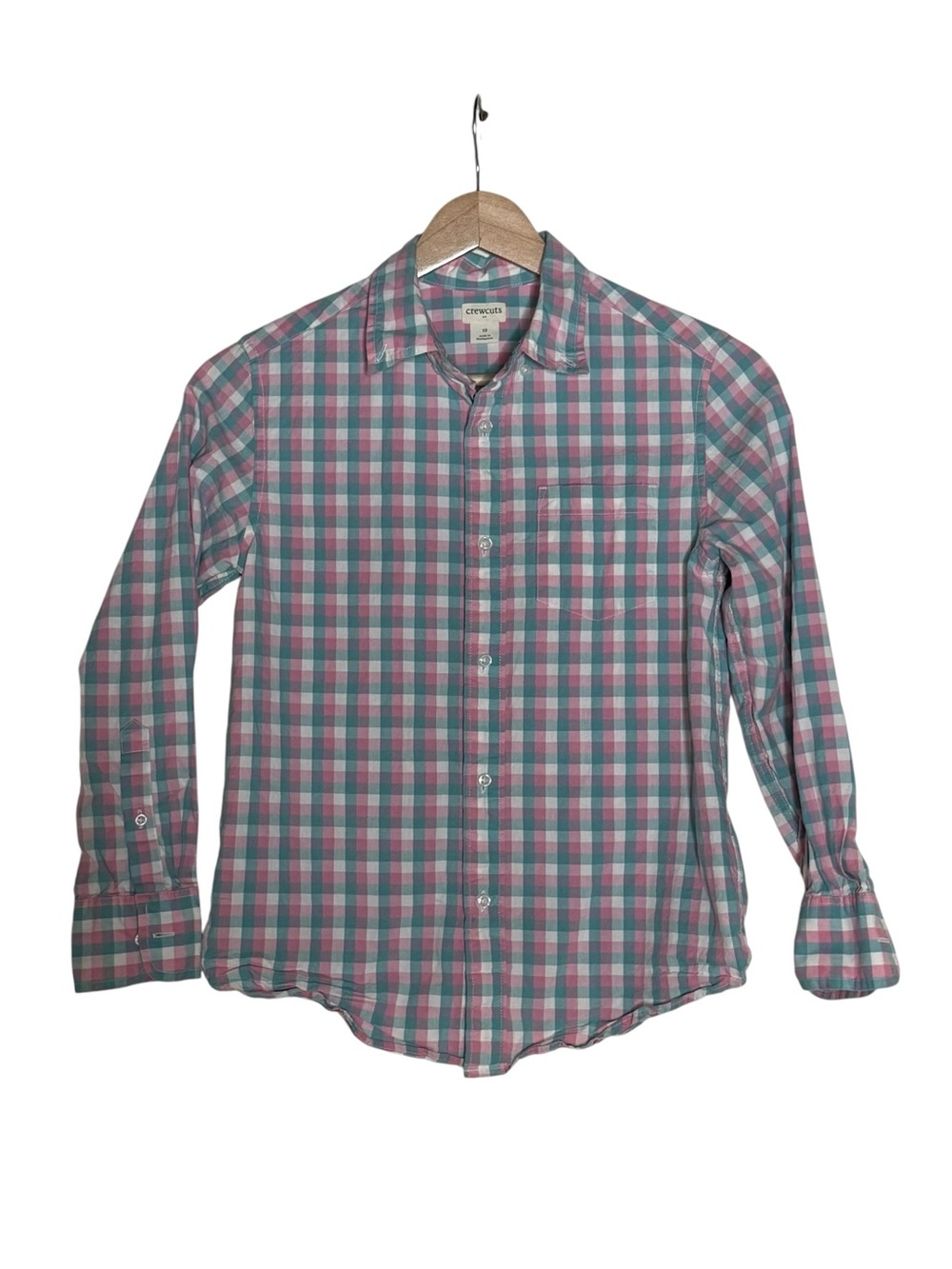 CrewCuts Plaid Pink and Turquoise Gingham Plaid Button Up Shirt Boys Size 10